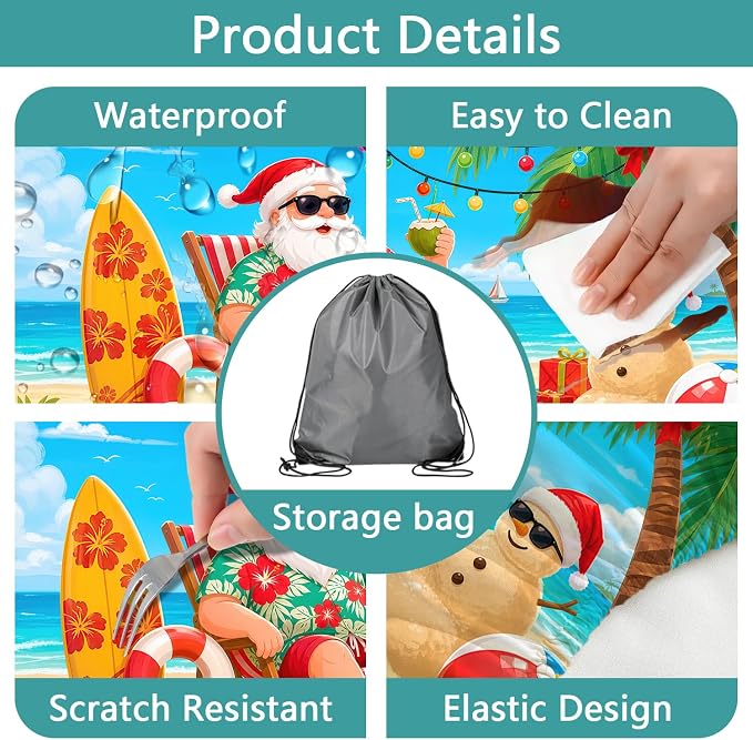 Picnic Table Cover with Bench Covers and Bag, Santa with Coconut Drink Camping Table Camping Essentials Cover with Elastic Edges for Indoor, Outdoor, Garden, 3Pcs, 30x96 Inch