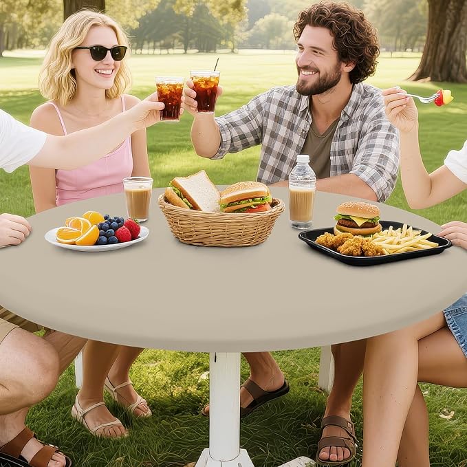 Smiry Round Spandex Tablecloth, Elastic Fitted Washable Tablecloths for 42"-50" Tables, Waterpoof Stretch Picnic Table Cover for Dining, Indoor and Outdoor, Taupe