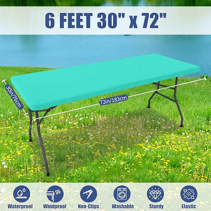 Moosfor 2 Pack Rectangle Spandex Fitted Table Cloth, 6FT Elastic Tablecloth | Washable Picnic Table Cover, Stretch Waterproof Table cloths for Party, Patio, Dining, Kitchen, 30" x 72", Aqua Blue