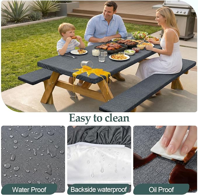 Picnic Table Cover with Bench Covers Camping Essentials Waterproof Windproof Camping Tablecloth with Drawstring Bag, Fitted Rectangle Tables and Seats, 72in, Heather Grey