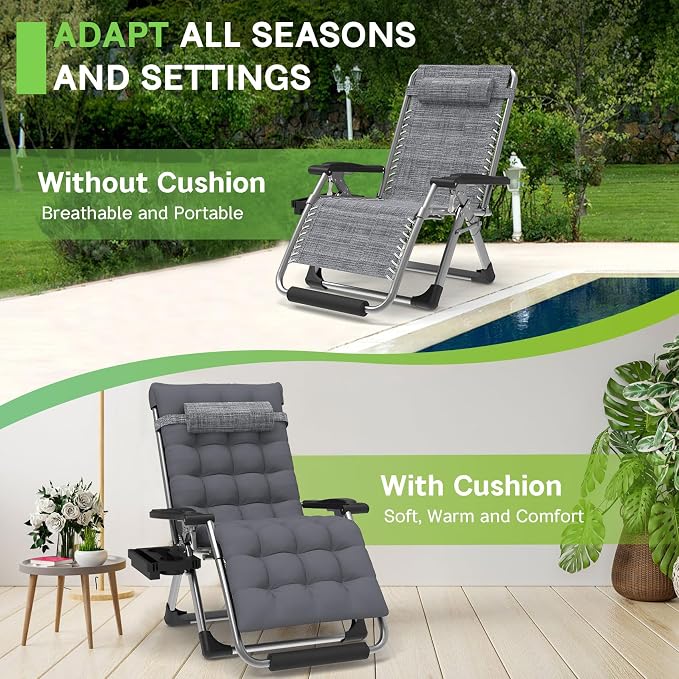 ZENPETIO 29In XL Zero Gravity Chair, 440LBS with Cushion | Anti Gravity Recliner Lounge Chair with Aluminum Alloy Lock & Footrest, 90-170° Adjustable, for Lawn Patio Indoor Outdoor