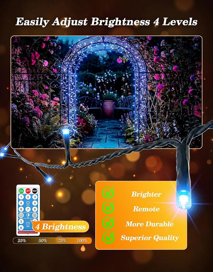 LitHome 2 Pack Solar String Lights Outdoor with Remote, Total 200LED 66FT | Solar Christmas Lights Outside Waterproof, 8 Modes String Light for Xmas Patio Garden Party Yard Tree Decor, Blue