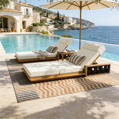 Merax Acacia Wood Patio Chaise Lounge Set of 4, Outdoor Reclining Chairs with 4-Position Adjustable Backrest, 4-Piece Sunbathing Recliner & 4" Thick Four-fold Cushion for Poolside, Garden, Beige