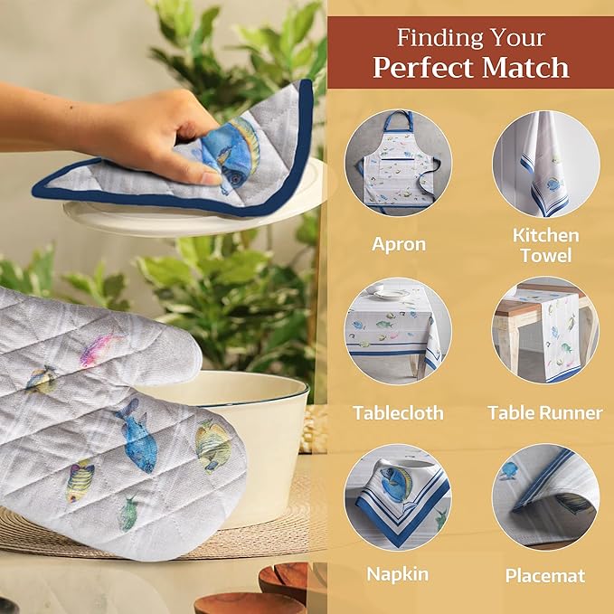 Maison d' Hermine Pot Holders 100% Cotton Heat Resistant Potholders 8" x 8" Hot Pads with Loop BBQ Cooking Baking Hotel Farmhouse Kitchen Handling Hot Pans Spring Summer (Pack of 1, Poisson)