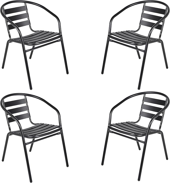Indoor Outdoor Set of 4 Black Restaurant Metal Aluminum Slat Stack Chairs Lightweight
