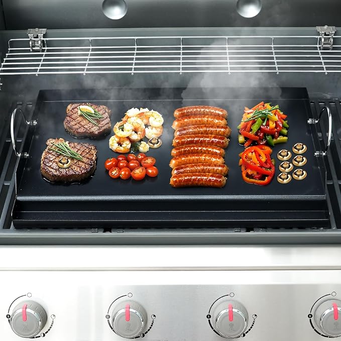 onlyfire 25" x 16" Ceramic Coated Non-Stick Flat Top Griddle Insert | Removable Handles, Wavy Ventilation, Grease Groove, For Gas and Charcoal Grills, Tailgating, Camping and Parties