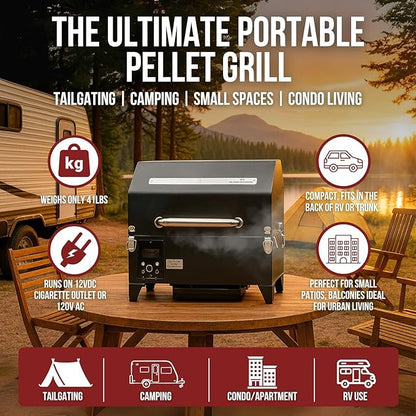 Portable Electric Smoker Grill by Freedom Stoves – 12V/120V Pellet BBQ for Camping, Tailgating & Backyard | Digital Control, Dual Probes, 8.5LB Hopper