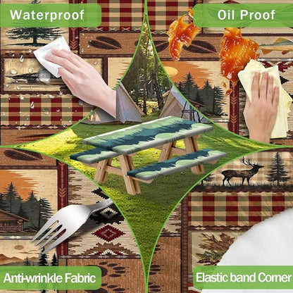 JAWO Rustic Cabin Picnic Table Cover with Bench Covers, Camping Essentials, Bear Deer Country Hunting Outdoor Table Covers, Waterproof, Fitted Tablecloth Cover with Elastic Edge, 3 PCS, 30X72 Inch