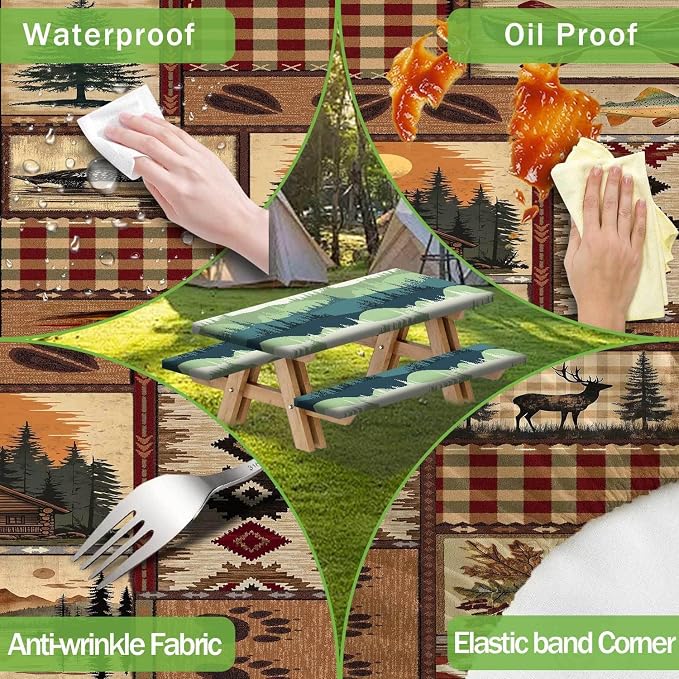 JAWO Rustic Cabin Picnic Table Cover with Bench Covers, Camping Essentials, Bear Deer Country Hunting Outdoor Table Covers, Waterproof, Fitted Tablecloth Cover with Elastic Edge, 3 PCS, 30X60 Inch