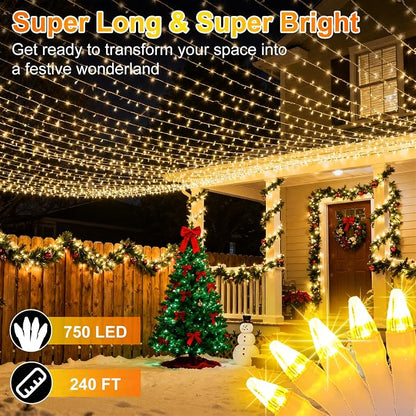 750 LED 240FT Christmas String Lights Outdoor, 12 Pro Modes and Timer Memory & Brightness, Plug in Outdoor Waterproof Clear Wire Twinkle Light for for Xmas Yard Tree Wedding Party Decor (Warm White)