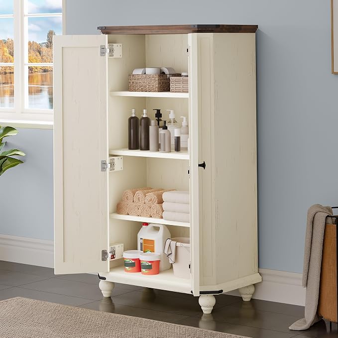 DWVO 45.2" Farmhouse Kitchen Pantry Cabinet wth 2 Shutters-Doors, White | 4-Tier Storage Cabinet, Adjustable Shelves, Wooden Tool Cabinet for Dining Room, Bathroom, Living Room, Laundry Room, Office