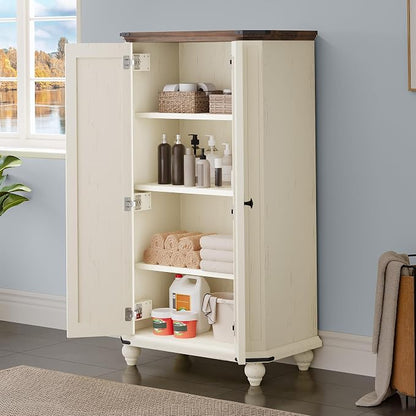 DWVO 45.2" Farmhouse Kitchen Pantry Cabinet wth 2 Shutters-Doors, White | 4-Tier Storage Cabinet, Adjustable Shelves, Wooden Tool Cabinet for Dining Room, Bathroom, Living Room, Laundry Room, Office
