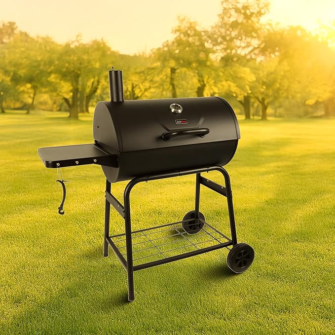 Grill Boss 30 Inch Barrel Charcoal Grill with Adjustable Grate, Large Cooking Area, Built In Temperature Gauge, and Durable Cast Iron Grates, Black
