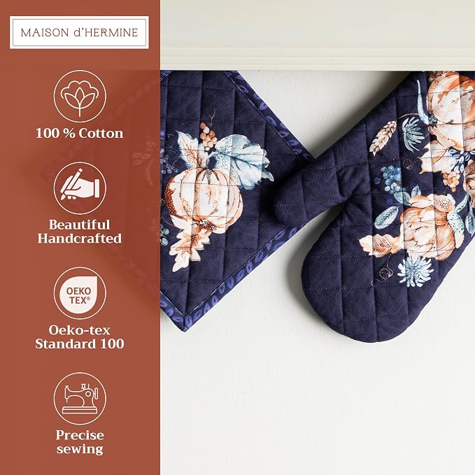 Maison d' Hermine 100% Cotton Oven Mitt & Pot Holder Set (7.5"x13" & 8"x8") | Heat Resistant BBQ Cooking Gloves with Loop Baking Grilling Kitchen Home Farmhouse Thanksgiving Christmas - Pumpkin Blues