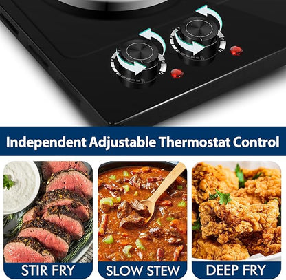 CUSIMAX Hot Plate, 1800W Electric Burner Double Hot Plate for Cooking Countertop Burner with Adjustable Temperature Control, Portable Electric Cast Iron Hot Plates Cooktop, Easy to Clean, Black