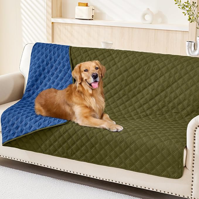 Smiry Waterproof Reversible Pet Couch Covers for Dogs | Pet Friendly, Soft Fabric, Washable Sofa Furniture Protector for Dogs Cat Kids, Checkered (52"x82", Green/Navy)