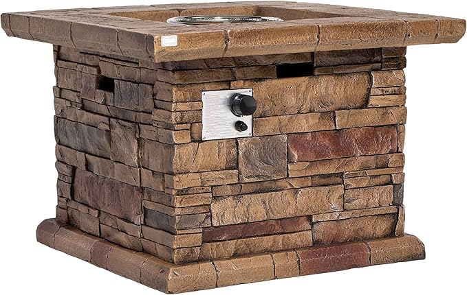 32" Outdoor Propane Fire Pit, Square Stonecrest Gas Firepit for Outside Patio, Concrete Propane Fire Table 50,000 BTU Gas Fire Pits with Lava Rocks, CSA Certified, Blue Fire Glass