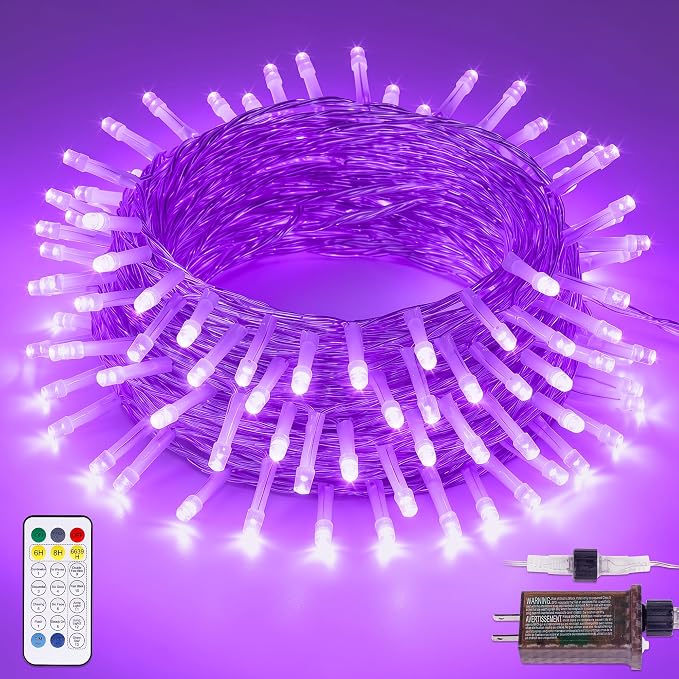 33FT 100 LED Purple Halloween Christmas Fairy Twinkle String Lights | Remote Control, 13 Modes with Memory, 4 Dimmable Brightness, 4 speed levels, Connectable, IP65 Waterproof, Transparent Wire