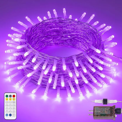 33FT 100 LED Purple Halloween Christmas Fairy Twinkle String Lights | Remote Control, 13 Modes with Memory, 4 Dimmable Brightness, 4 speed levels, Connectable, IP65 Waterproof, Transparent Wire