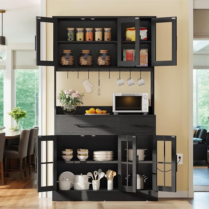 DWVO Kitchen Pantry Storage Cabinet with Microwave Stand, 71'' Tall Kitchen Hutch Cabinets with Power Outlet, Modern Food Pantry Hutch with Drawers ＆ Shelves for Home, Pack of 1, Black | 71" Tall Kitchen Hutch Cabinets with Power Outlet, Modern Food Pa...