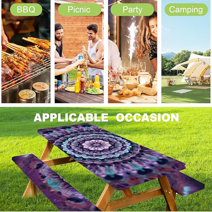 ANNA QUEEN Mandala Picnic Table Cover Set, 6FT Boho Purple Waterproof Tablecloth & Bench Covers 3PCS 72"x30" for Camping Garden Patio Festivals Retreats