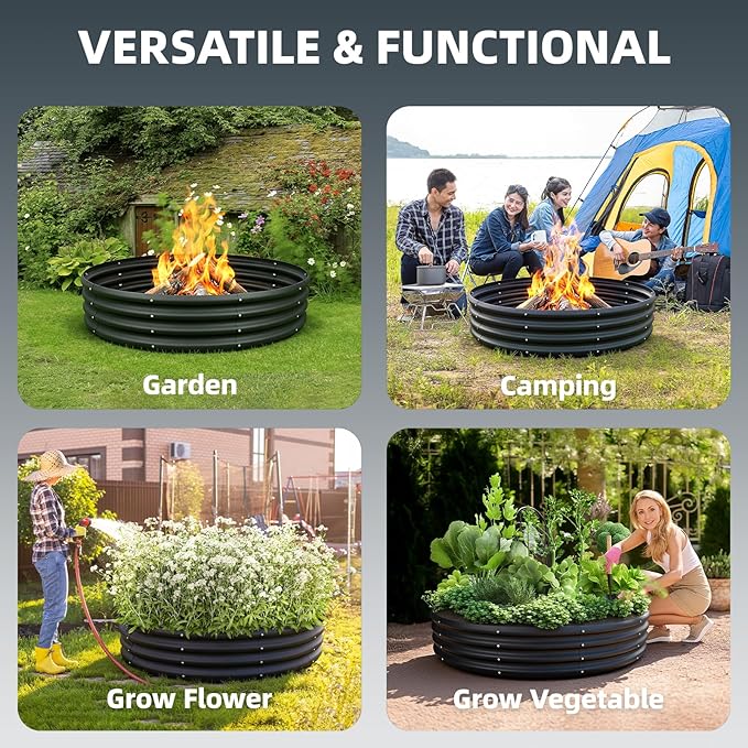 48 Inch Fire Pit Ring for Outside, 4FT Diameter Wood Burning Fire Ring, Large Round Galvanized Steel Fire Pit, Metal Outdoor Fireplace for Backyard, Patio, Camping, Bonfire (Black)