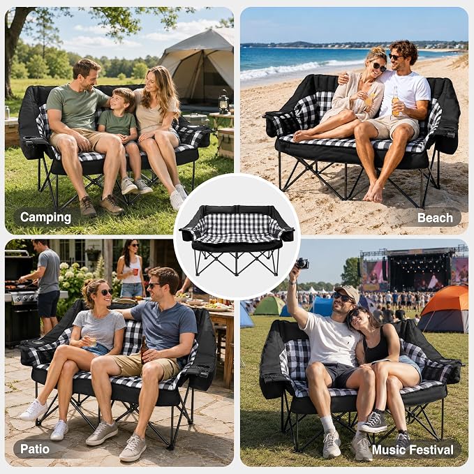 HOPERAN Double Camping Chair 800lbs Camping Couch Folding Loveseat, Black | 59" Wide Seat, 600D Fabric, Thickened Padding, Cooler Bag, Side&Rear Pocket, Cup&Wine Glass Holder, for Lawn Patio Beach