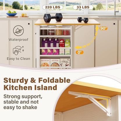YESHOMY Kitchen Island on Wheels with Trash Cabinet, 56" Mobile Cart with Drop Leaf and Drawers, Rolling Portable Table with Spice Rack & Towel Holder for Dining Room, White & Oak
