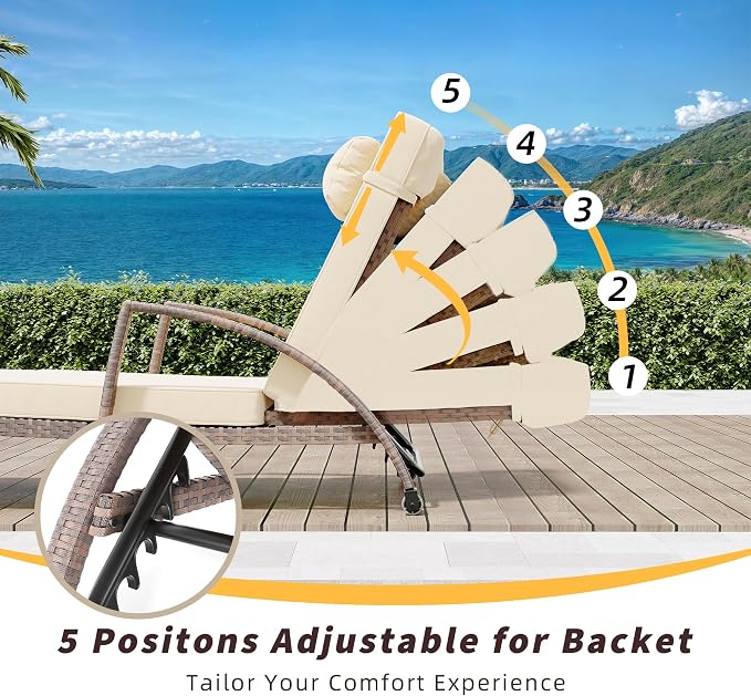 GarveeLife 2-Piece Rattan Patio Folding Chaise Lounge, 5-Position Adjustable Backrest Outdoor Lounge Chair with Cushion and Pillow for Poolside, Backyard, Deck, Porch, Beige