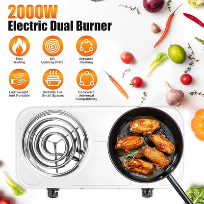 Electric Charcoal Burner Stove, 500W Single Coil Hot Plate Starter with Grill Tongs, 5-Level Temp, Smart Heat Control & Stainless Steel Fast Heating for Cooking top Countertop (3890White-Double01)