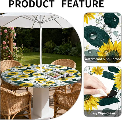 Outdoor Tablecloth with Umbrella Hole and Zipper Fits 53-60" Tables | Waterproof Round Fitted Tablecloth with Elastic Edge, Wipeable Outdoor Table Cover for Patio, Garden, Picnic