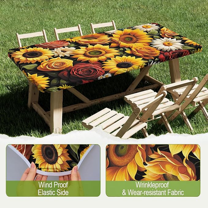 Irisbell Picnic Table Cover with Elastic Edge,6FT Wind Proof Wrinkleproof Fitted Tablecloth Cover Camping Beach Patio Rectangle Table Cloth for Indoor Outdoor (Sunflower, 30'' x 72'')