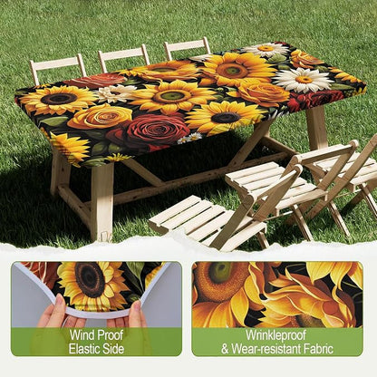 Irisbell Picnic Table Cover with Elastic Edge,6FT Wind Proof Wrinkleproof Fitted Tablecloth Cover Camping Beach Patio Rectangle Table Cloth for Indoor Outdoor (Sunflower, 30'' x 72'')