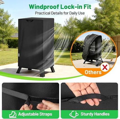 30 Inch Smoker Cover for Masterbuilt, Heavy Duty Waterproof Vertical Electric Smoker Cover with Windproof Straps & Handles, UV & Fade Resistant Outdoor BBQ Grill Protection, Black