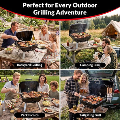 Portable Charcoal Grill, Small Charcoal Grill, Tabletop BBQ Grill, Foldable Camping Grill, Outdoor Grill for Picnic, Tailgating, Travel, Porcelain-Enamel Grates, Adjustable Air Vent
