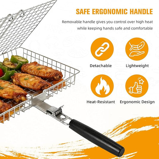 Grill Basket for Outdoor with Removable Handle,Stainless Steel BBQ Camping Cooking Accessories Tools for Meat Steak Fish Vegetable Shrimp, Gifts for Men Dad Husband