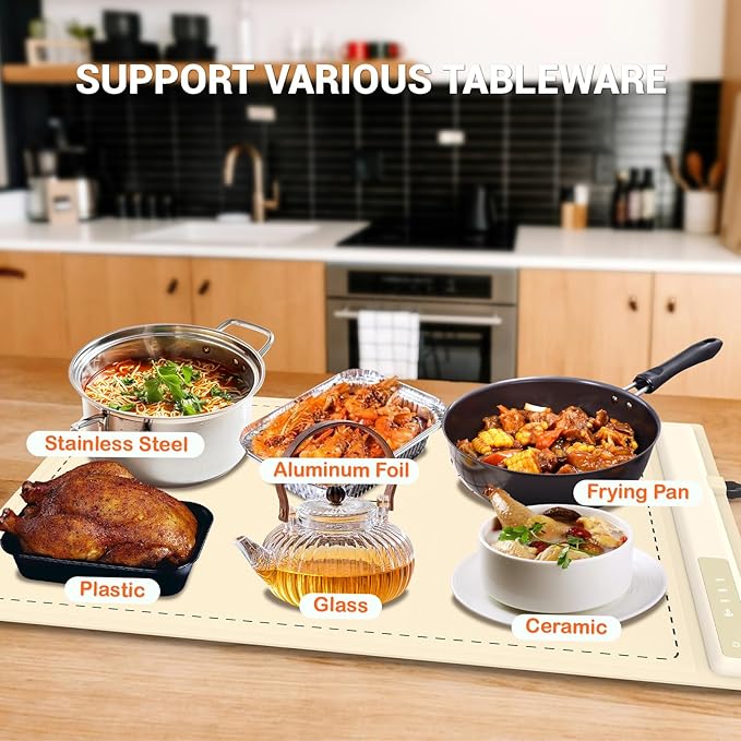 Electric Warming Tray - 3 Modes &Full Surface Heating,Rollable & Portable,Premium Silicone Nano-Material,3 Temperature Settings,Auto Shut-Off -Versatile Food Warmer for Gatherings,Parties (Cream)