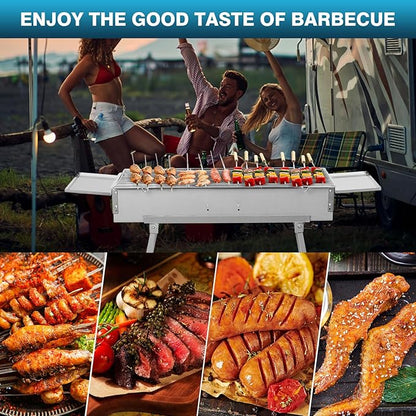 IRONWALLS Portable Charcoal Grill Outdoor Cooking, 32”L x 10”W Folded Camping Barbecue Grill with Storage Shelf, Metal Kebab Skewers, Rectangular Lamb Skewer Grill for Backyard Party Picnic Travel
