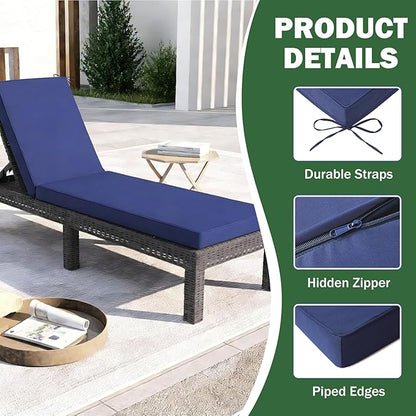 Chaise Lounge Cushions Outdoor, 80x 26x 3 Inch Waterproof & Fade-Resistant Lounge Chair Cushion, Outdoor Chaise Cushion with Removable Cover & Ties for Lawn, Patio, Pool & Beach, Navy Blue