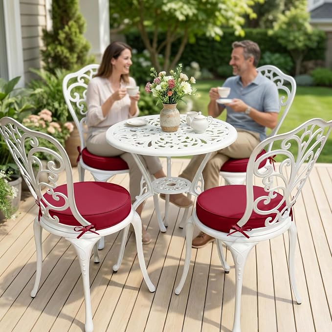 Summsun Outdoor Bistro Chair Cushions Set of 4, 15" D x 3" H Round Chair Cushions Waterproof and Fade Resistant Chair Cushion Pads with Non-Slip Ties and Removable Covers for Garden, Burgundy