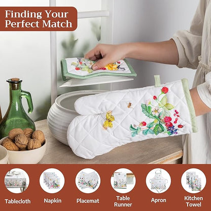 Maison d' Hermine 100% Cotton Oven Mitt & Pot Holder Set (7.5"x13" & 8"x8") Heat Resistant BBQ Cooking Gloves with Loop Baking Grilling Kitchen Hotel Home Farmhouse Spring Summer (Printemps)