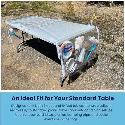 Water-Resistant Vinyl Cover - Reusable, Built-in Compartments for Plates, Cutlery & Dining Essentials – Fits 5 & 6 ft Tables – Perfect for Picnics, BBQs, Outdoor & Indoor Gatherings