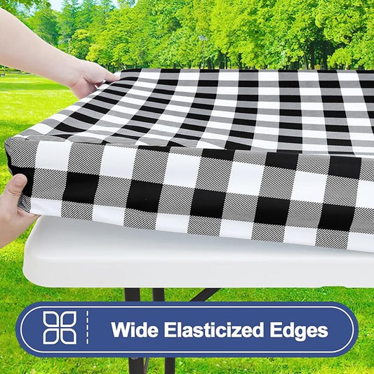 Smiry Picnic Table Cloth 2 Pack, Waterproof Elastic Fitted Tablecloths for 18x72 Rectangle Tables, Washable Polyester Buffalo Plaid Tablecloth for Camping, Dining & Outdoor (Black & White, 18" x 72")