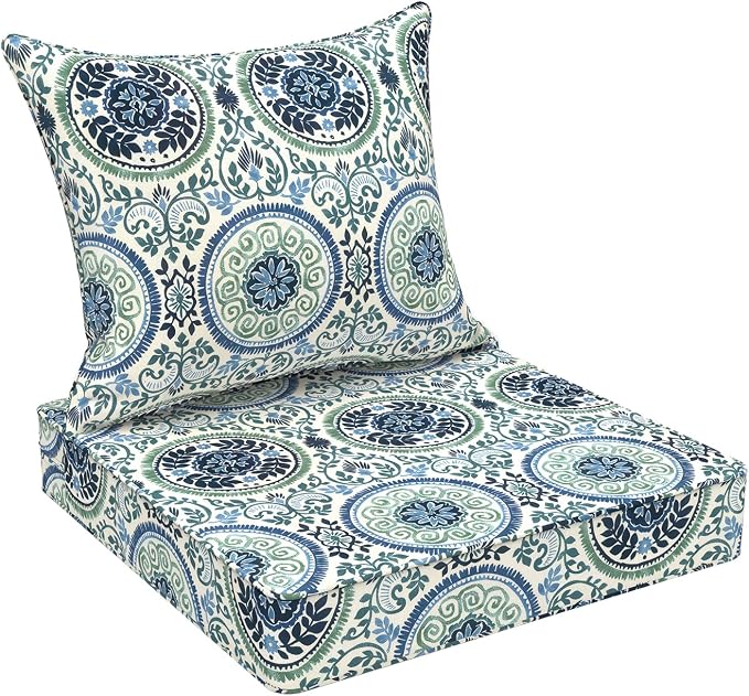 DYTXIII Outdoor Deep Seat Cushion Set, Water Repellent 22"x22" Patio Thick Cushions Replacement with Seat & Back Pillow for Patio Sofa, Wicker Chair, Couch - Wreath Blue