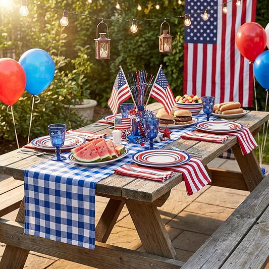 Blue Plaid Table Runner Independence Day Checkered Fabric Cover 13x108 Inch 2 Packs Table Cloths Centerpieces Patriotic Party Picnic Decorative Gingham Rectangle Blue White Checkered Linen Decorations