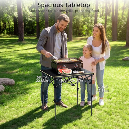 Anbte Camping Table Foldable, 2 Height Max 27.5" Aluminum Roll up Camping Table with Carry Bag & Heat-Resistant Tabletop, Lightweight, for Indoor Outdoor RV BBQ Picnic Patio Beach, 26" x 23", Black