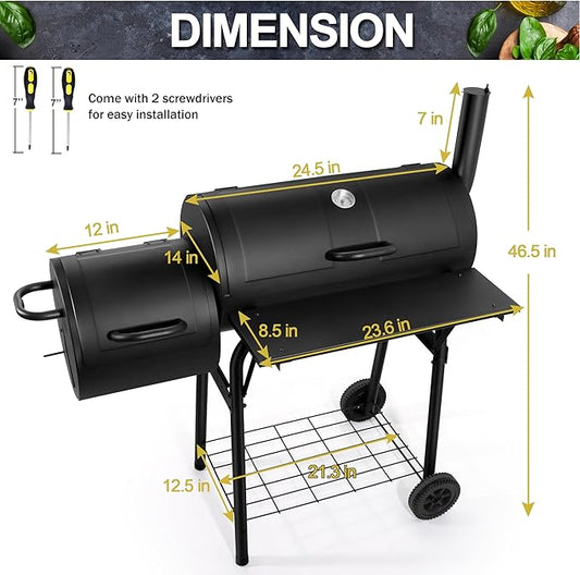 Barrel Charcoal Grill with offset Smoker(420.SQ.IN), Joyfair Large Outdoor BBQ Grills with Chimney Starter Set For Grilling, Smoking, Roasting, with Thermometer & Front Table, 6 S-Hooks & Clamp