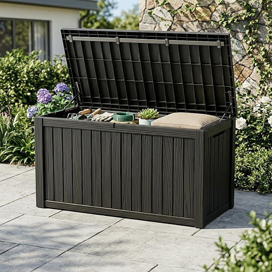 180 Gallon Outdoor Storage Box Waterproof, Resin Lockable Deck Box with Lid, Large Capacity Weatherproof Container for Patio Furniture, Side Table and Cushions (Black, 180 Gallon)