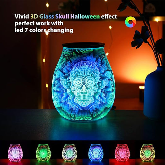 Inrorans Glass Electric Wax Melt Warmer Oil Burner with Stable Heating PTC Reusable Silicone Tray 7 Colorful Changing Led Light Night Light Scent Warmer for Home Fragrance Warmers-Skull