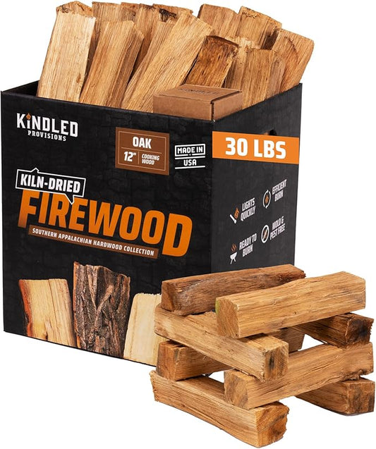 Oak Cooking Wood Box by Kindled Provisions - 30lbs 12" Kiln Dried Oak Smoking Wood & Grilling - Robust Flavor Oak Wood Chunks for Smokers - Premium Southern Appalachian Hardwood - for Beef, Pork, Fish